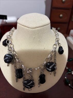 Silver Chain Necklace with Black & White Bead Charms